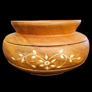 Vintage Hand Carved Wooden Bowl Bone Inlay Floral Decor